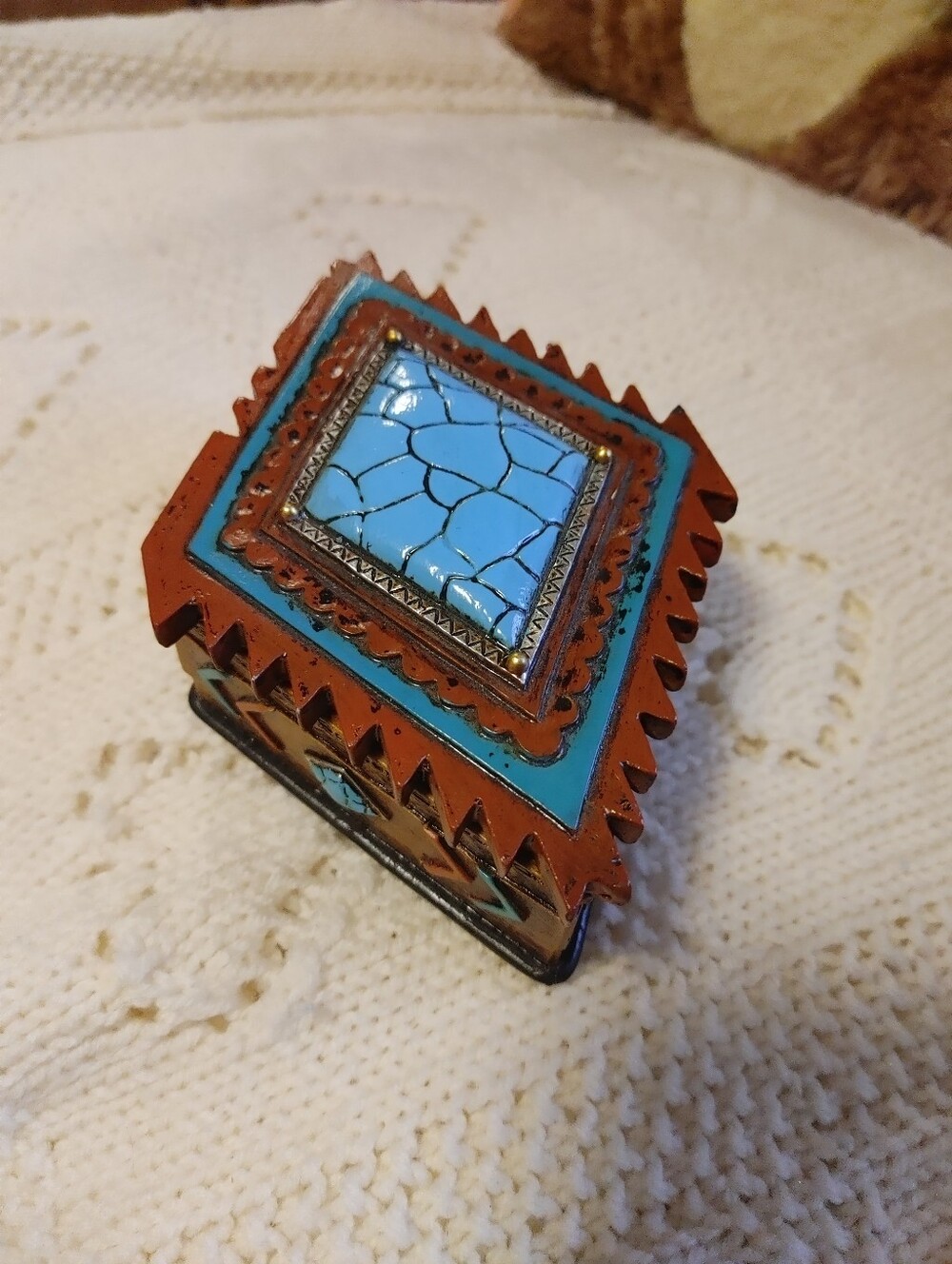 Handcrafted Turquoise and Brown Native American Decorative Trinket Box